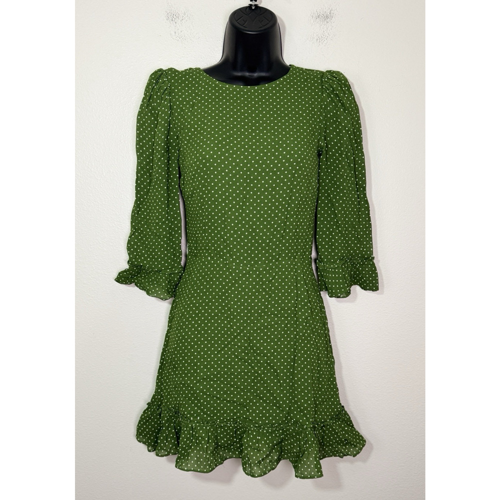 Reformation Doutzen Mini Dress Green Polka Dot Georgette Party Cocktail, 0